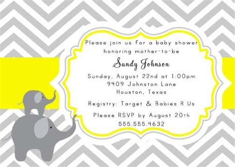 Printable Gray Yellow Elephants Chevron Baby Shower Invitation Or