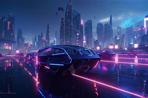 Visionary And Dreamlike Scene Of Futuristic Cityscape With Flying Cars