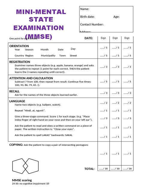 Mini Mental State Examination Worksheet Printable Pdf