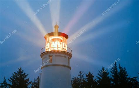 Lighthouse Beams Illumination Into Rain Storm Maritime Nautical — Stock