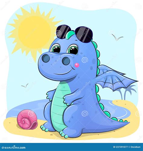 Cute Cartoon Dragon On The Beach Stock Vector Illustration Of Animal