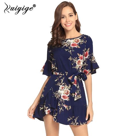 Ruiyige 2018 Summer Floral Print Mini Dress Long Shirts Casual Short