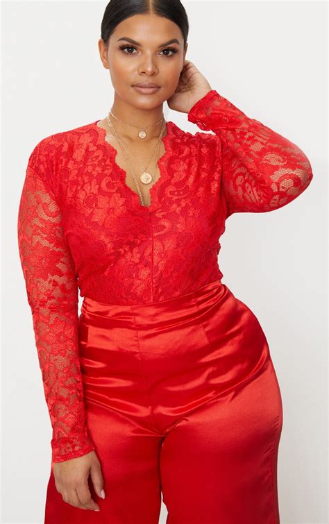 plus red plunge lace bodysuit plus size prettylittlething