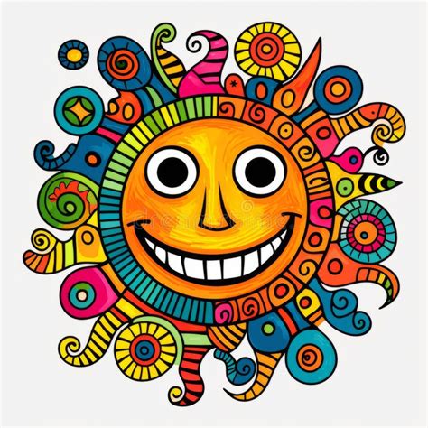 Colorful Cartoon Sun With Elaborate Pattern Folk Art Doodle Stock