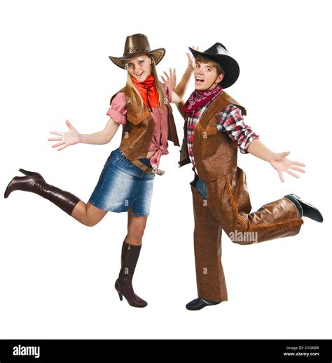 Cowboy With Cowgirl Happy Excited Couple Dancing On White Stock Photo