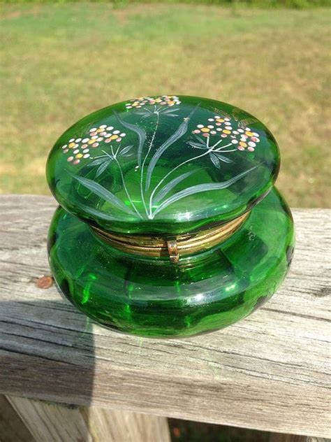 Antique Bohemian Covered Art Glass Trinket Box W Mount ~ Emerald Green ~ Powder Box ~ Enameled