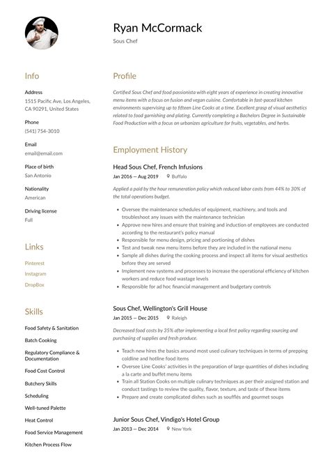 Sous Chef Resume Template Chef Resume Resume Guide Resume Examples