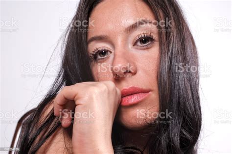 Portrait Of Beautiful Long Black Hair Young White Woman Stock Photo
