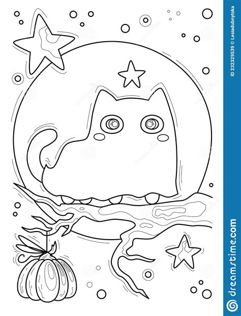 Cartoon Page For Coloring Book With A Ghost Catvector Illustration