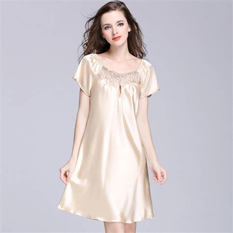 2016new Hot Sale Womens Faux Silk Satin Sexy Nightgown Short Sleeve