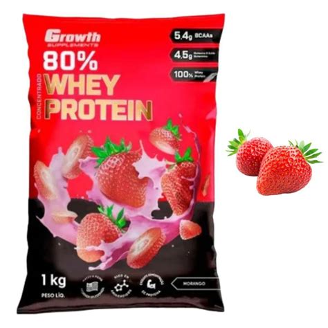 Whey Growth Proteína 80 Whey Protein 1kg Luva P Esporte Morango