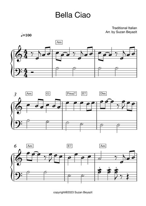 Bella Ciao Easy Piano With Big Notes Arr Suzan Beyazit Sheet Music