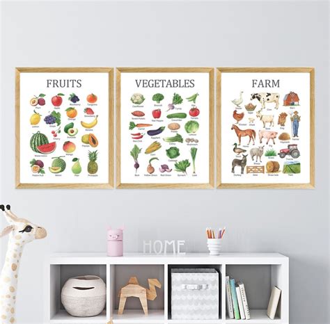 Set Of 3 Vegetables Fruits Fam Chart Educational Posters Etsy