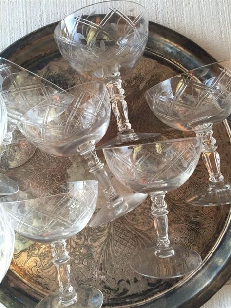 4 Vintage Etched Tall Champagne Coupe Glasses Toasting Etsy