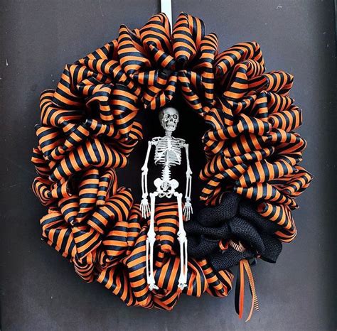 Ribbon Skeleton Halloween Wreath Halloween Decor Front Etsy