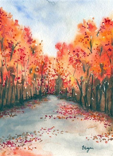 Watercolor Landscape Painting Autumn Journey Fall Nature Landscap
