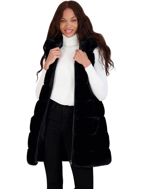 Via Spiga Womens Grooved Faux Fur Hooded Vest