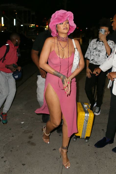 Rihanna Flashes Her Legs In A Side Slit Pink Dress During Night Out With A Ap Rocky At Barcade