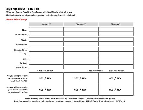 Free Email Sign Up Sheet Template