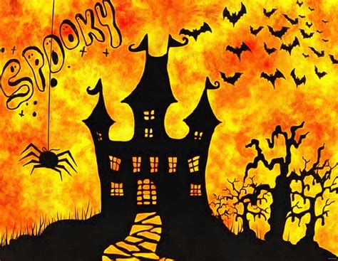 Castle Bats Spooky Happy Halloween Holiday Moon Happy Halloveen