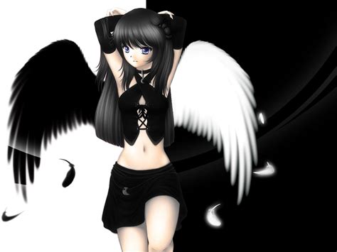 Wallpaper Illustration Anime Wings Angel Cartoon Black Hair Girl Black And White