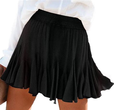 Hande Women Casual Solid Color Elastic Waist A Line Swing Pleated Mini Skirt Black Xxl
