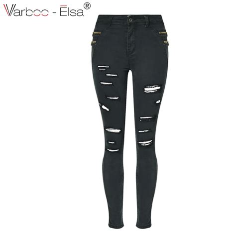 Varbooelsa Woman Jeans Black High Waist Ripped Denim Pants Slim