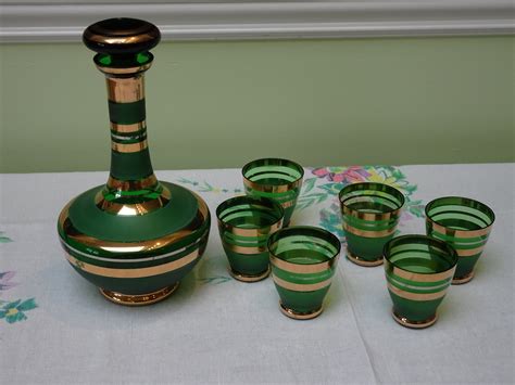 vintage green and gold glass decanter with six glasses etsy