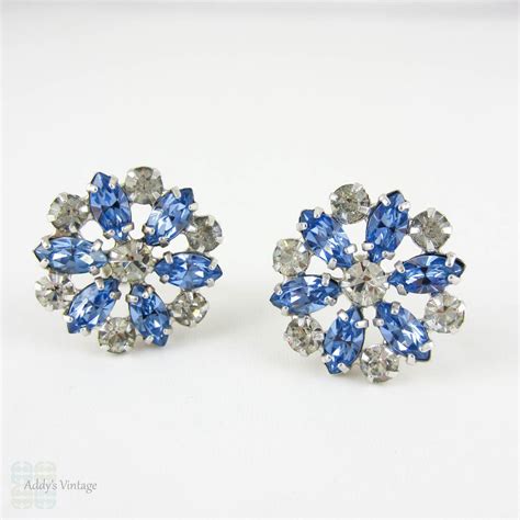 Vintage Rhinestone Clip On Earrings Floral Design Blue By Addy