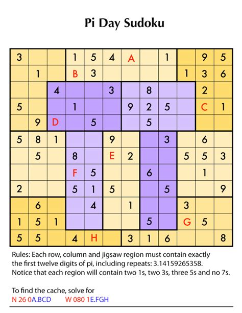 The rules are a little different from standard sudoku, in part because the blocks are jigsaw. GC6D6FD My Pi Day Puzzle (Unknown Cache) in Florida ...