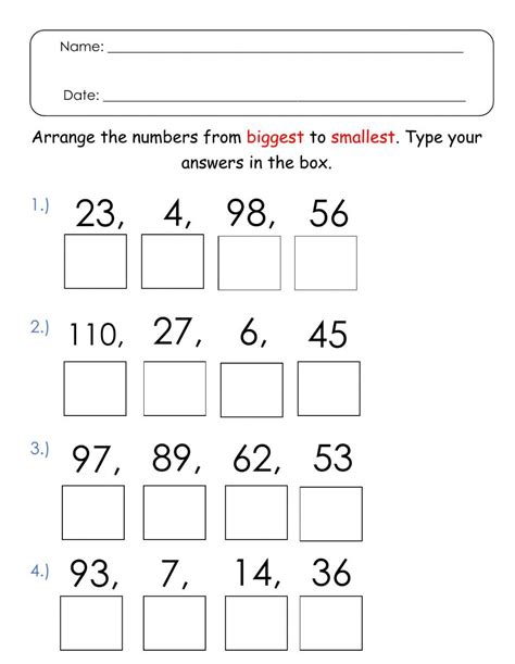 Arranging Numbers From Biggest To Smallest Interactive Worksheet In