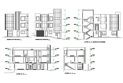 Residential Multi Level Building All Sided Elevation And Section