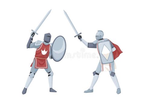 Medieval Warriors Fighting Flat Vector Illustration Swordsmen Wearing