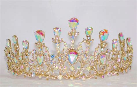gold ab rhinestone crystal beauty queen large tiara crown etsy