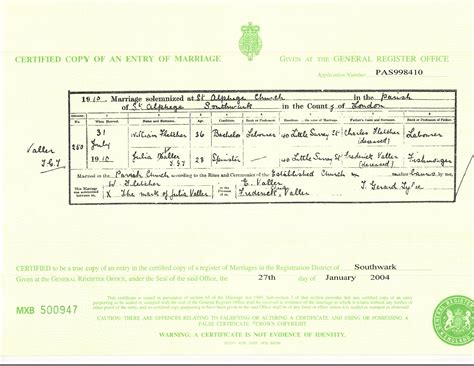 Marriage of William Fletcher and Julia Valler