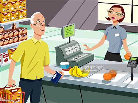 Senior Man Buying Food At Checkout Counter In Supermarket High Res