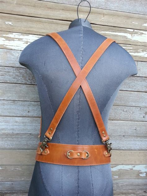 Steampunk Tan Brown Leather Suspender Harness W Antique Brass