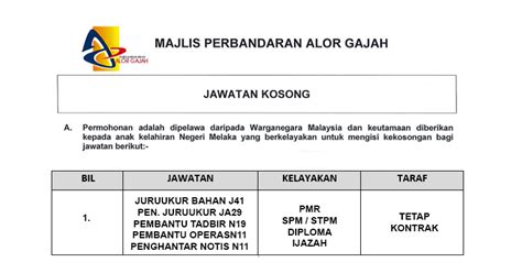 Melaka, alor gajah, ayer keroh, bandar hilir, batu berendam, jasin, merlimau asahan, bemban, bukit beruang, durian tunggal, kuala linggi, kuala sungai baru, lubok china, masjid tanah, melaka tengah, selandar. Majlis Perbandaran Alor Gajah MPAG [ Jawatan Baru Dibuka ...