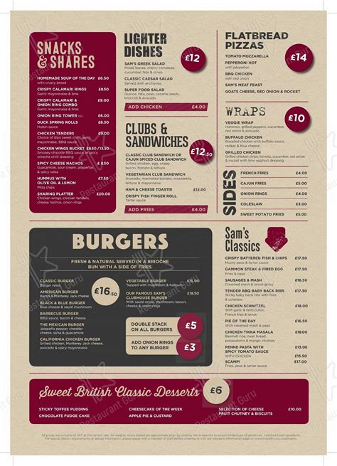 Menu at Sam's Club House, Wishaw, The Belfry Hotel & Resort