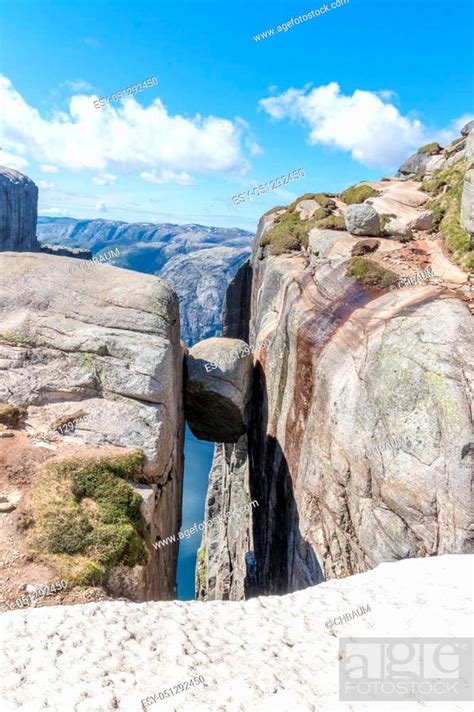 Famous Kjeragbolten Boulder Stuck Between Two Granite Cliffs On Kjerag