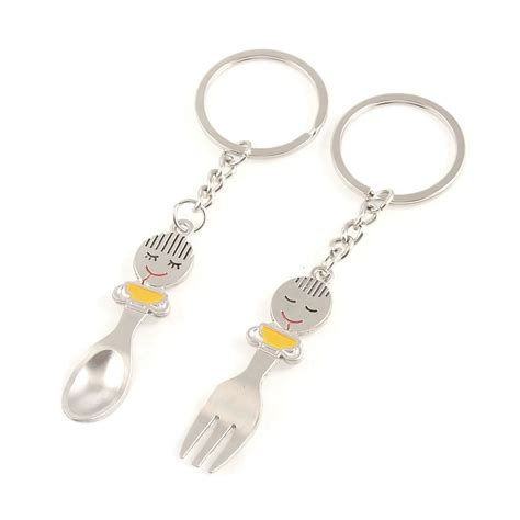 Lady Men Decor Tip Spoon Fork Shaped Pendant Keyring Keychain 2 Pcs For