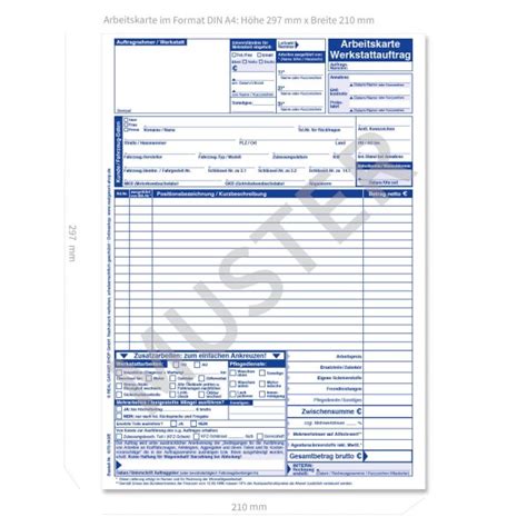 Die arbeitskarte kann themengemäß gestaltet werden. Werkstattauftrag KFZ Arbeitskarte mit AW-Erfassung, DIN A4 ...
