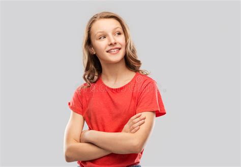 Happy Teenage Girl In Red With Crossed Arms Stock Image Image Of Cute
