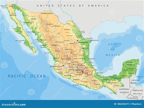 High Detailed Mexico Physical Map With Labeling Cartoon Vector
