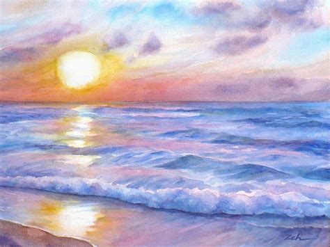 Watercolor Paintings Of Sunset Beaches
