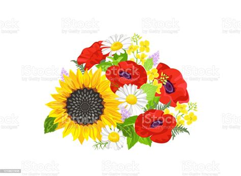 Summer Flowers Bouquet Isolated On White Background Sunflower Yellow