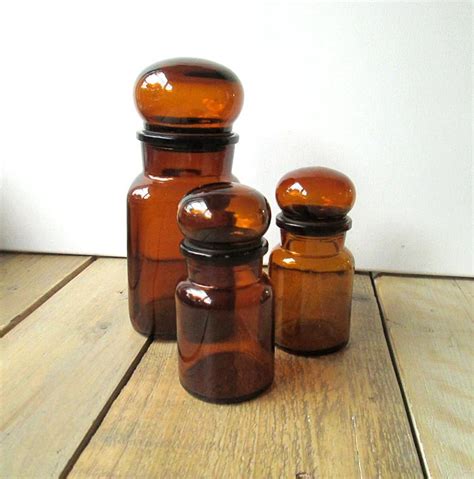 Set Of 3 Vintage Brown Apothecary Bottles With Lid Glass Bottles