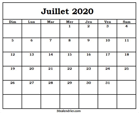 Calendrier Juillet 2020 Vierge Gratuit Calendrier Mensuel 2020