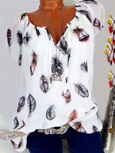 Plus Size Feather Print Cotton Blend Women Summer Blouses Noracora