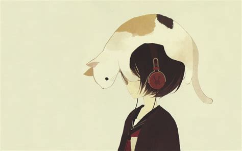 Anime Girls Cat Headphones Simple Background